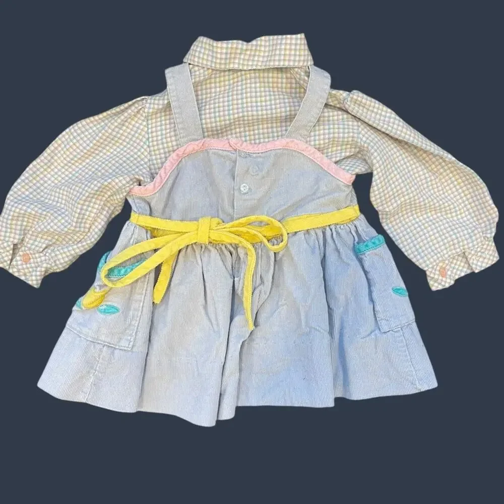 Vintage 70s Pastel Blue Pink Tulip Corduroy Romper + Plaid Shirt Set Baby 2T